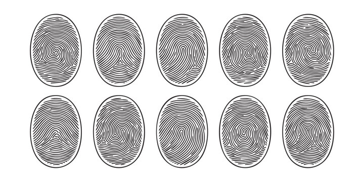Set of ten unique fingerprint scan icons in black and white style