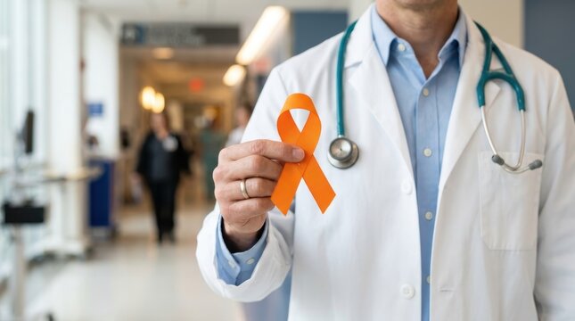 Professional doctor holding orange awareness ribbon in modern hospital corridor, symbolizing support for leukemia or multiple sclerosis, providing medical care and hope for our patients and families.