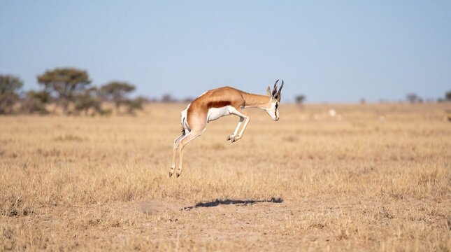 Springbok antelope antidorcas marsupialis pronking high in mid-air during athletic leaping motion