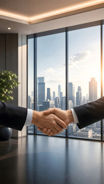 Confident Business Professionals Shaking Hands in a Modern Office During a Successful Corporate Meeting