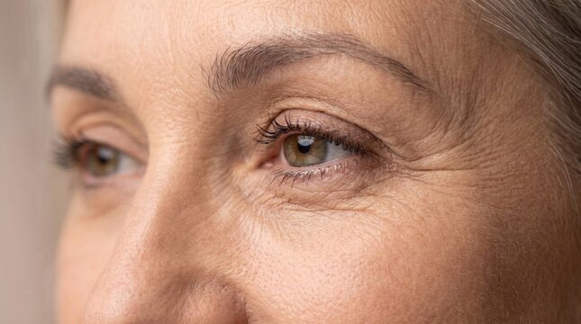 Close up view of human eye area showing fine lines and skin texture in a natural soft light setting