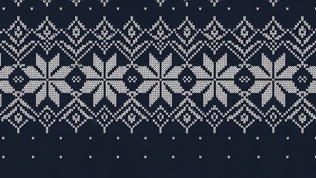 Seamless knitted pattern with snowflakes and geometric shapes in navy and white