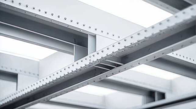 close-up of intersecting riveted steel beams and metal framework beneath bright skylights, minimalist industrial precision and cool calm atmosphere