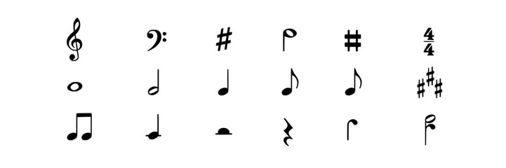 Fototapeta premium Musical Symbols and Notes Arranged in a Grid Featuring Clef, Treble, Bass with Sharp and Flat Elements for Natural, Quarter