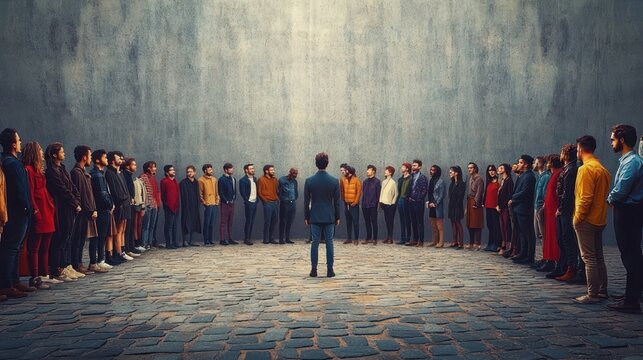 Man standing alone in center of cobblestone courtyard facing a semicircle of diverse onlookers against a tall textured wall, tense and confrontational mood