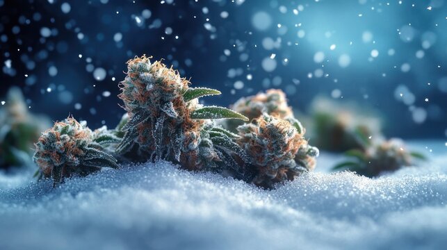 frost-covered cannabis buds resting on fresh snow under cool blue light, serene winter scene with shimmering trichomes and falling snowflakes