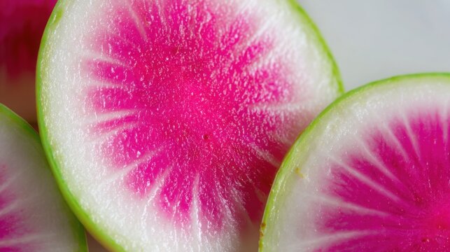 Macro of a freshly cut watermelon radish displaying vivid pink center fading into white and green edges, striking natural geometry, modern food