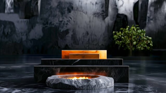 Mystical Fire Altar: A stone fire pit with glowing embers sits in front of a tiered black marble altar, evoking an ancient and mystical atmosphere, with a lone tree in the background.