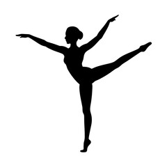 Silhouette dancer on grey background in pirouette pose with arms and leg extended gracefully © tonniee