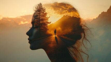 Obraz premium double exposure silhouette of a woman's profile filled with a winding road, lone walker, pine tree and golden sunset over mountains, evoking solitude and introspective calm