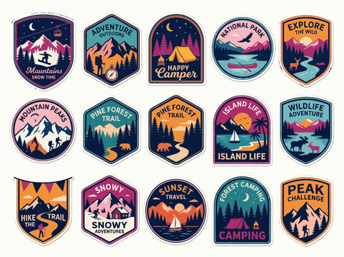 Collection of Adventure Outdoor Stickers Featuring Mountains Forests Camping and Nature Scenes