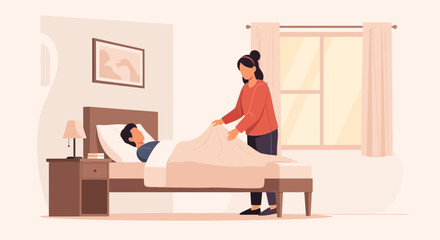 Fototapeta premium Caregiver tucking sick person into bed, bedroom scene, healthcare concept illustration