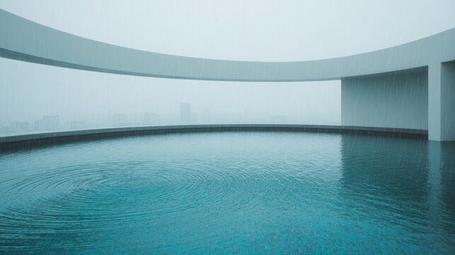 Minimalist rooftop pool during a light summer rain, perfectly circular ripples covering the turquoise water surface, clean architectural lines