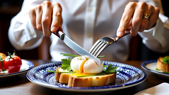Person Cutting Eggs Benedict Breakfast with Knife and Fork at Elegant Restaurant Dining Table