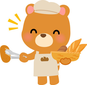 パンを並べるパン屋店員のクマのキャラクター