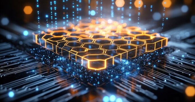 Glowing orange honeycomb chip floating above a dark circuit board with cascading blue data streams and sparkling particles, a dynamic futuristic high-tech scene