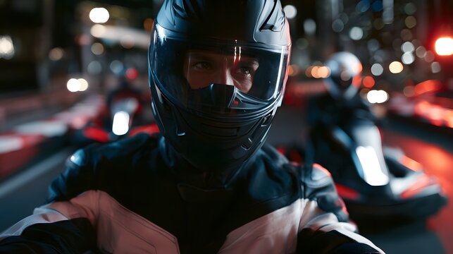 A motorcyclist wearing a full face helmet and protective gear rides through a nighttime urban street illuminated by blurred city lights