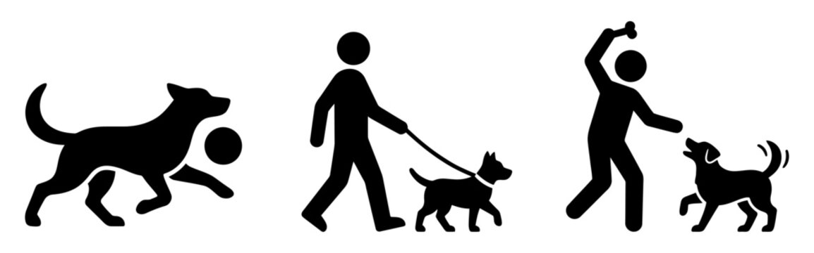 Black silhouette icons of people and dogs playing