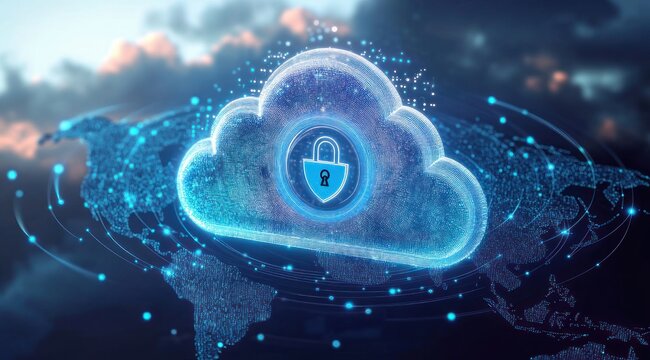 Glowing secure cloud with padlock hovering above illuminated world map and digital network nodes and connections, conveying futuristic protection and trust
