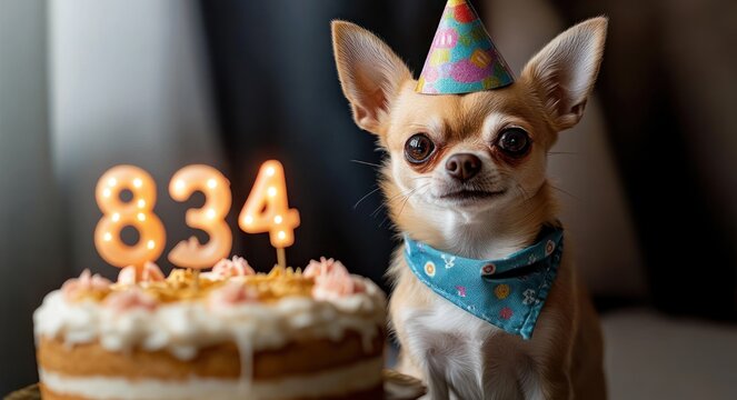 small chihuahua in a party hat and blue bandana beside a frosted birthday cake with glowing number candles, cozy festive scene with curious joyful expression