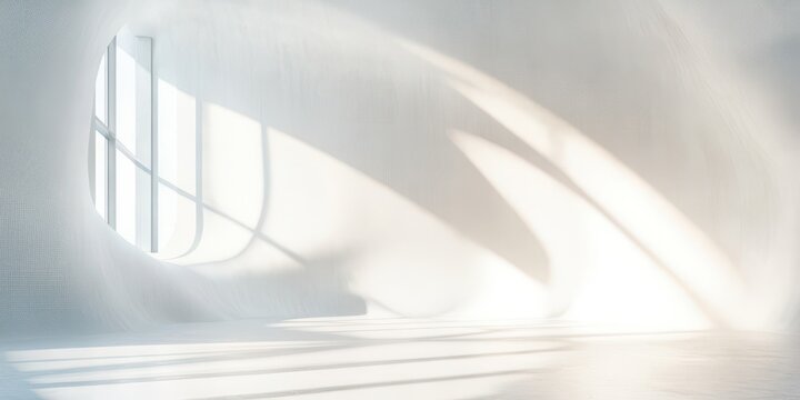 Minimalist white curved interior with large arched window casting soft sunlit shadows across a calm empty floor