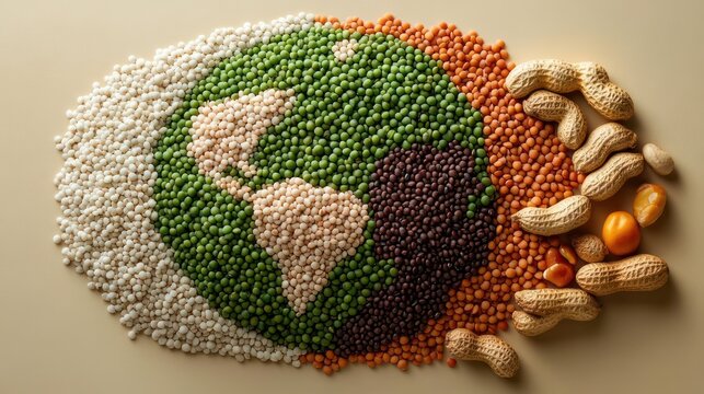 Earth-shaped composition of green peas, white beans, brown and red lentils and dark beans with peanuts in shells and corn kernels on a beige background, conveying earthy abundance and sustainability