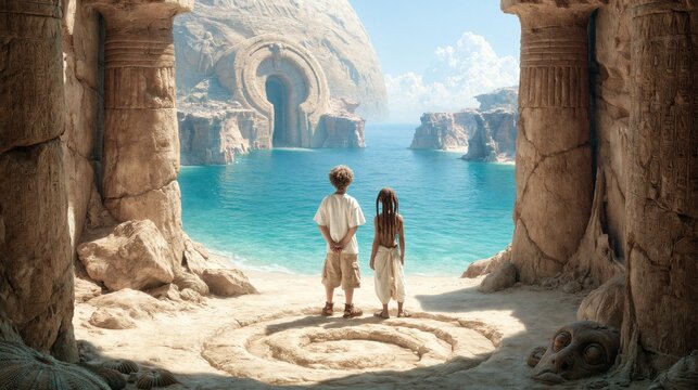 Two young children standing on sandy beach inside ancient stone doorway looking out at giant carved ancient temple by turquoise calm sea showing adventure exploration concept