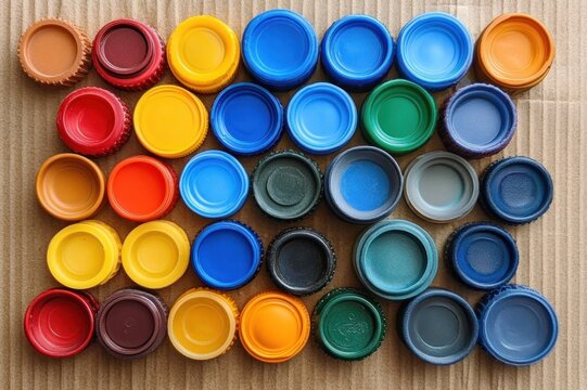 cheerful playful arrangement of colorful plastic bottle caps in neat rows on corrugated cardboard, bright circular mosaic flat lay