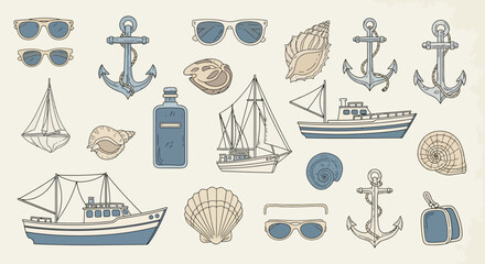 Obraz premium Nautical summer travel elements: sailboats, boats, anchors, sunglasses, shells, suitcase