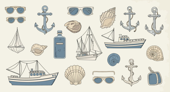 Nautical summer travel elements: sailboats, boats, anchors, sunglasses, shells, suitcase