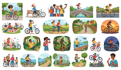 Fototapeta premium Healthy Outdoor Recreation Set with Young People Cycling, Summer Holiday Activities in Urban Parks and Countryside Flat Vector Illustration