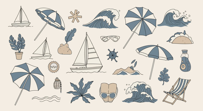 Summer Beach Vacation Icons: Sailboats, Waves, Umbrellas, Chair