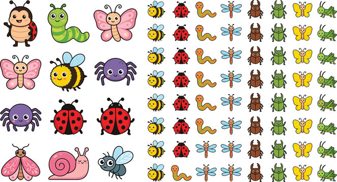 Cute cartoon garden insects and bugs big collection vector set with butterflies bees ladybugs spiders and caterpillars