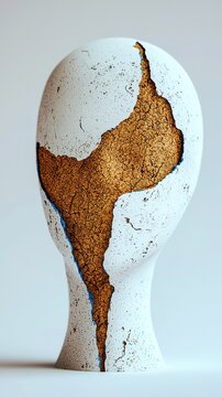 A broken white mannequin head with a cracked surface and exposed brown interior