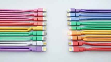 Fototapeta premium Perfectly organized colorful charging cables aligned in parallel with one connector highlighted, clean white background, efficient IT support