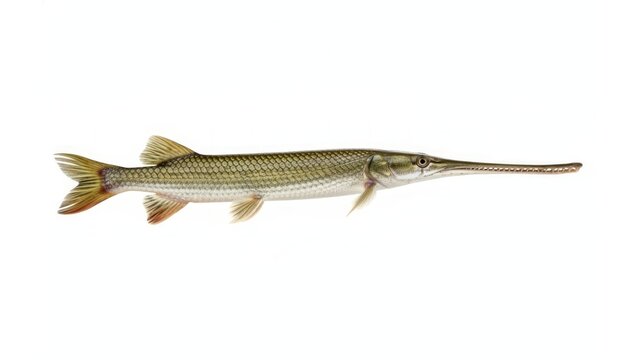 Longnose Gar Fish Isolated on White Background Close Up