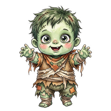 Cute Cartoon Baby Zombie Character Illustration on Transparent Background