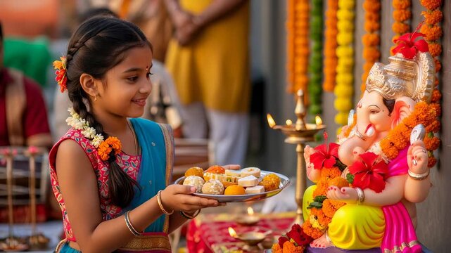 Indian girl in traditional clothing offering sweets to Lord Ganesh idol. Hindu child celebrating festival with ritual prayer. Cultural tradition and spirituality.