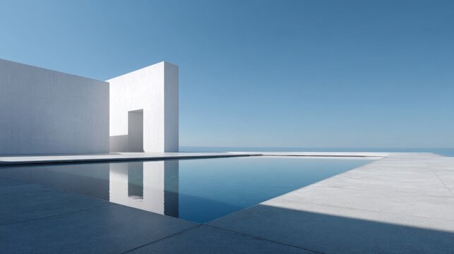 Radical minimalist architecture, perfectly square infinity pool with mirror still water reflecting a cloudless blue sky, smooth pale concrete