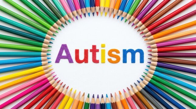 Vibrant spectrum of colored pencils forming a circular border around the word Autism on a white background, representing neurodiversity awareness, support, and education in a creative visual