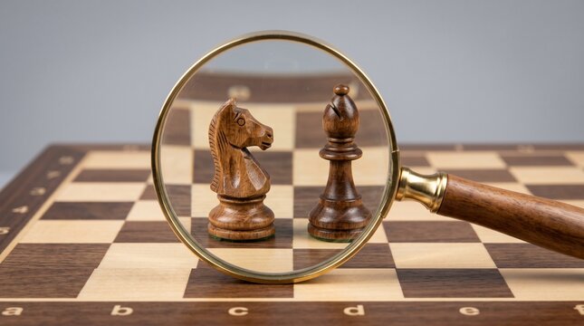 Magnifying glass highlighting chess knight and bishop on a wooden chessboard