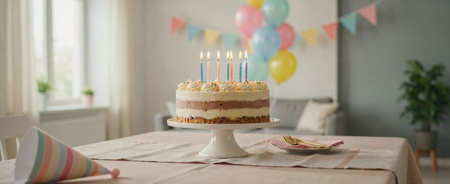 Layered chocolate and vanilla birthday cake topped with colorful candles glowing on white pedestal stand in festive decorated room with pastel balloons and bunting for celebratory home party event.