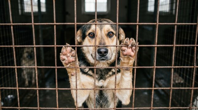 A lonely and abandoned mixed-breed dog looking through rusty metal bars in a dark animal shelter kennel with its paws up against the grid hoping for adoption and a new loving home with a caring