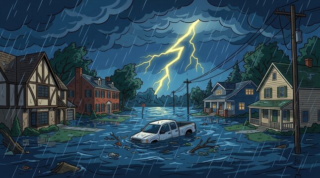 Flooded neighborhood with lightning storm and submerged car