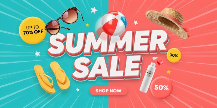 Summer sale announcement with vibrant colors and beach accessories for seasonal shopping promotions and advertising campaigns offering discounts and special deals.