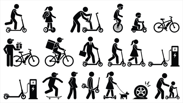Mega Collection of Urban Micro Mobility, Electric Scooter, Hoverboard, and Bicycle Silhouette Pictograms Set Isolated
