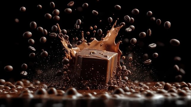 decadent chocolate square splashing into liquid chocolate with flying coffee beans, energetic indulgent close-up