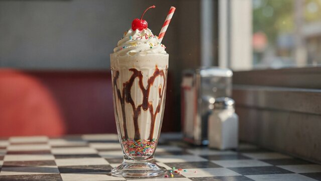 Classic vanilla milkshake with whipped cream chocolate drizzle colorful sprinkles and a cherry on top served in a tall glass on a retro diner checkered table.