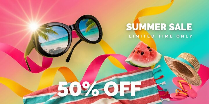 Summer sale promotional graphic with beach essentials like stylish sunglasses straw hat flip flops and juicy watermelon against sunny gradient background with abstract ribbons for retail marketing.