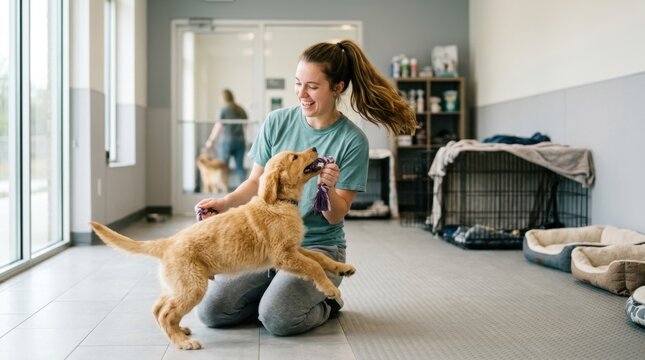 Cheerful female volunteer playing tug-of-war with a playful golden retriever puppy inside a modern pet shelter facility, showing the heartwarming bond and joy between humans and animals in daycare....